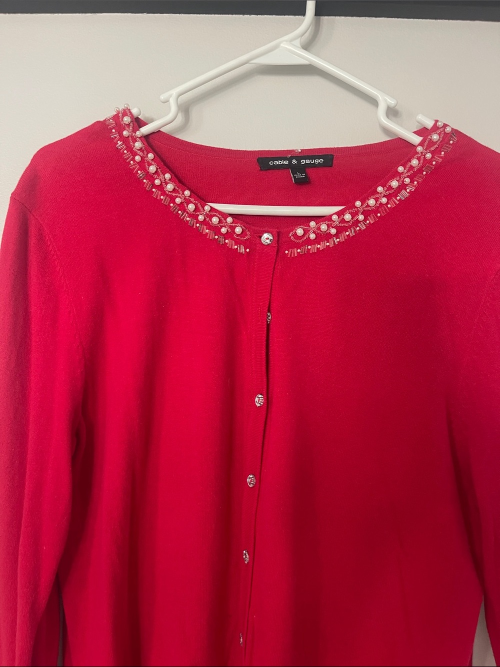 Cable & Gauge Red Beaded Neckline Cardigan